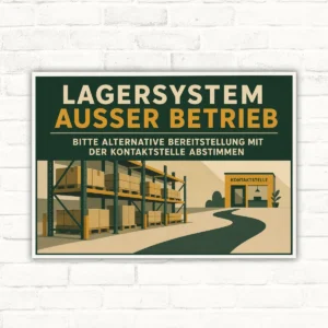 Lagersystem außer Betrieb Schild mit Hinweis zur alternativen Bereitstellung und Kontaktstelle für Lagerbereiche.