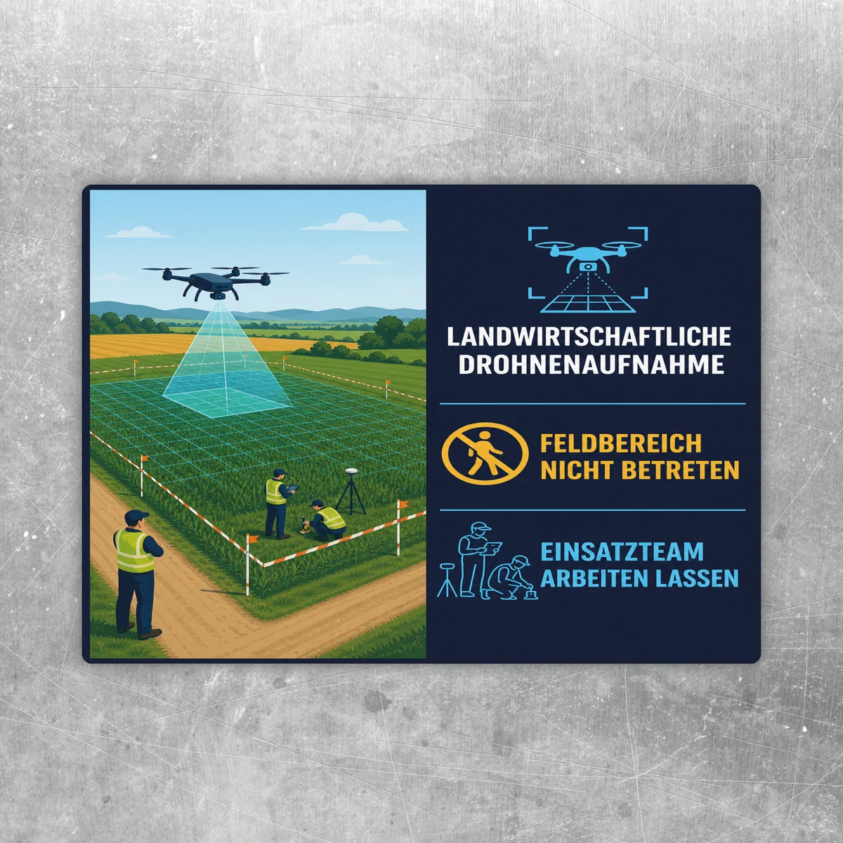 Aufkleber mit Drohne über Feld, Hinweis Landwirtschaftliche Drohnenaufnahme und Feldbereich nicht betreten.