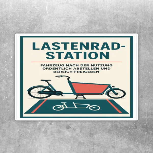 Lastenrad-Station Aufkleber im Hochformat mit Lastenrad-Motiv, Stellplatzgrafik und Hinweis zum ordentlichen Abstellen.