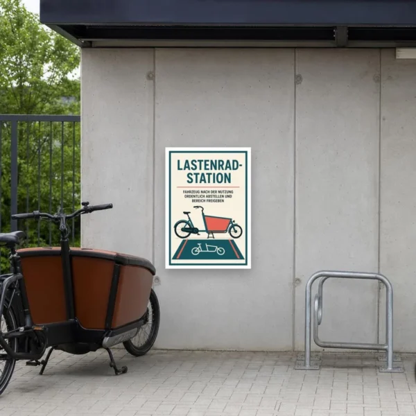 KI-generiertes Anwendungsbeispiel: Lastenrad-Station Schild mit Cargobike-Grafik und Hinweis zum ordentlichen Abstellen.