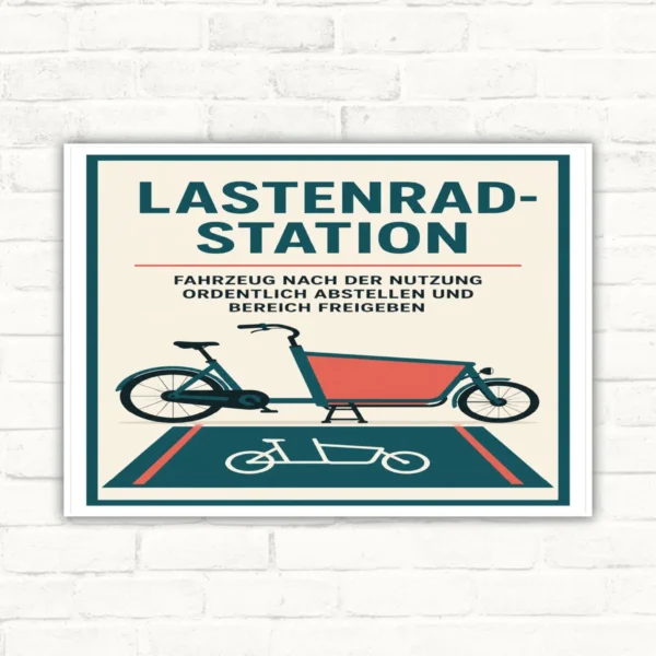 Lastenrad-Station Schild mit Text „Fahrzeug nach der Nutzung ordentlich abstellen und Bereich freigeben“.