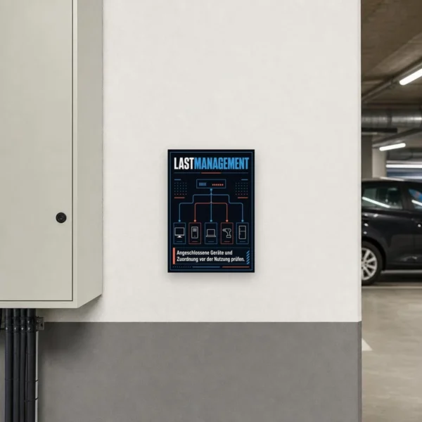 KI-generiertes Anwendungsbeispiel: Lastmanagement Schild – angeschlossene Geräte und Zuordnung vor der Nutzung prüfen am passenden Einsatzort mit gut sichtbarem Motiv und klarer Beschriftung.
