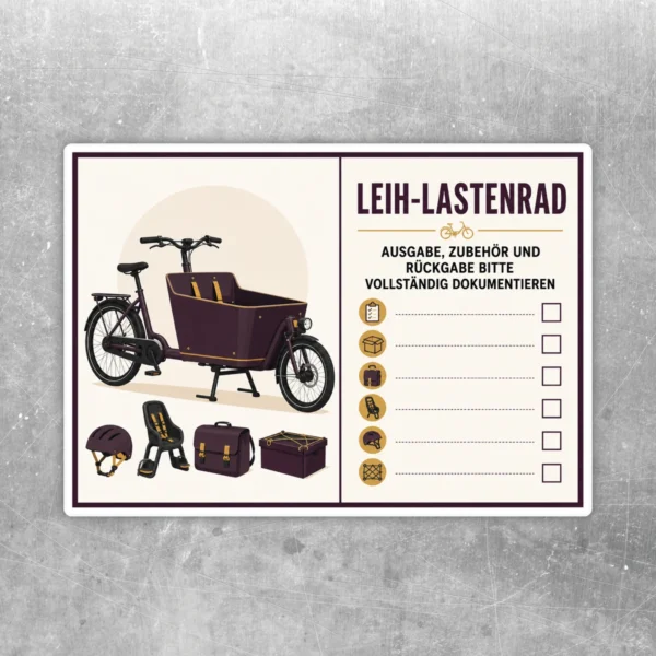 Aufkleber Leih-Lastenrad mit Illustration, Zubehörsymbolen und Checklistenbereich für Ausgabe und Rückgabe.