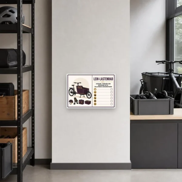 KI-generiertes Anwendungsbeispiel: Leih-Lastenrad Schild mit Zubehörsymbolen und Dokumentationshinweis an einer Wand.