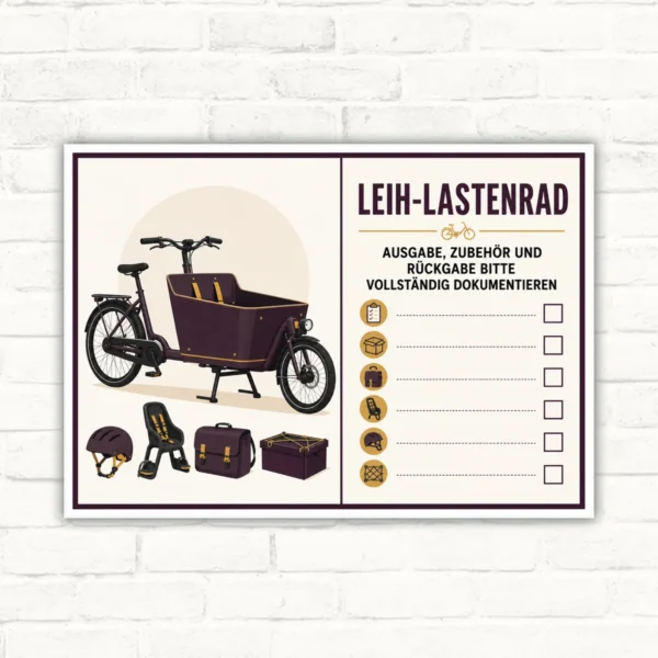 Leih-Lastenrad Schild mit Text „Ausgabe, Zubehör und Rückgabe bitte vollständig dokumentieren“ und Checkliste.