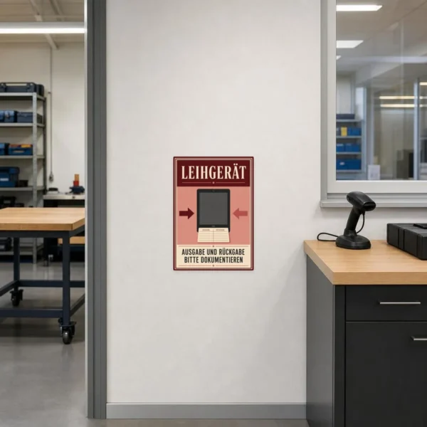 KI-generiertes Anwendungsbeispiel: Leihgerät Aufkleber an einer Ausgabestelle für dokumentierte Ausgabe und Rückgabe.