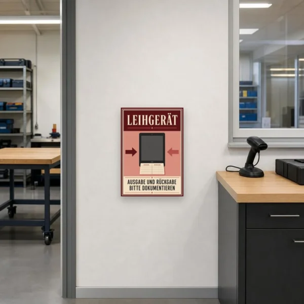 KI-generiertes Anwendungsbeispiel: Leihgerät Schild „Ausgabe und Rückgabe bitte dokumentieren“ an heller Ziegelwand.