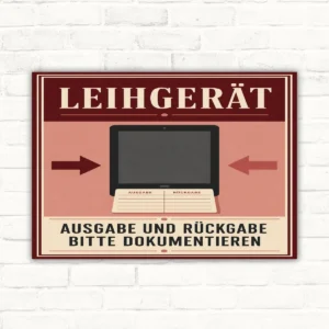 Leihgerät Schild mit Text „Ausgabe und Rückgabe bitte dokumentieren“, Tablet-Motiv und Pfeilen in Rot und Beige.