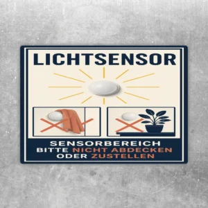 Lichtsensor Aufkleber mit Hinweis Sensorbereich bitte nicht abdecken oder zustellen, blaues Motiv mit Symbolbildern.