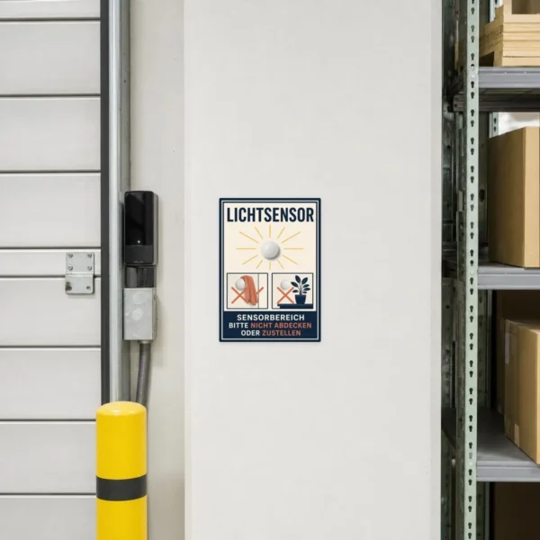 KI-generiertes Anwendungsbeispiel eines Lichtsensor Aufklebers an einer Wand, Hinweis zum Freihalten des Sensorbereichs.