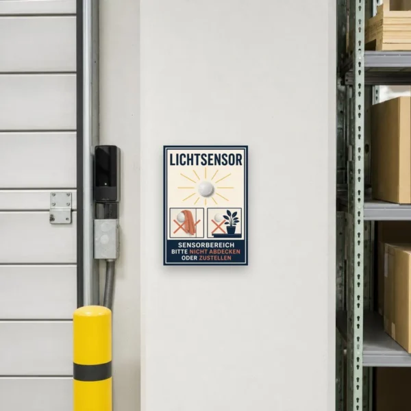 KI-generiertes Anwendungsbeispiel: Lichtsensor Schild „nicht abdecken oder zustellen“ an einer Wand im Technikbereich montiert.