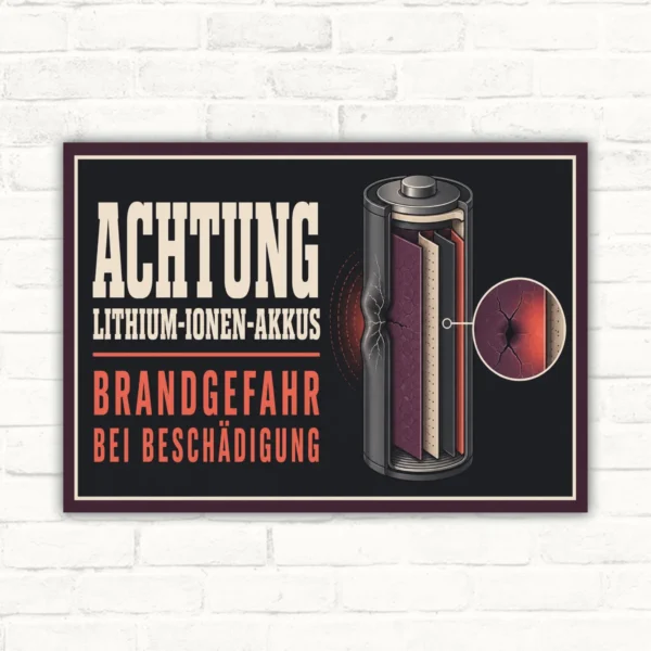Warnschild mit Text „Achtung Lithium-Ionen-Akkus Brandgefahr bei Beschädigung“ und beschädigtem Akku im Querformat.