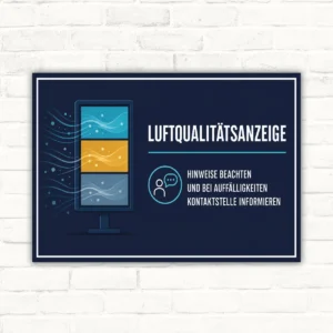 Luftqualitätsanzeige Schild mit Text „Hinweise beachten und bei Auffälligkeiten Kontaktstelle informieren“ im Querformat.