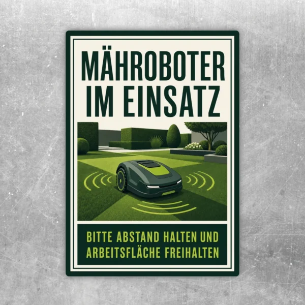 Mähroboter im Einsatz Aufkleber mit Text Arbeitsfläche freihalten in Grün, Weiß, Schwarz und Gelb.