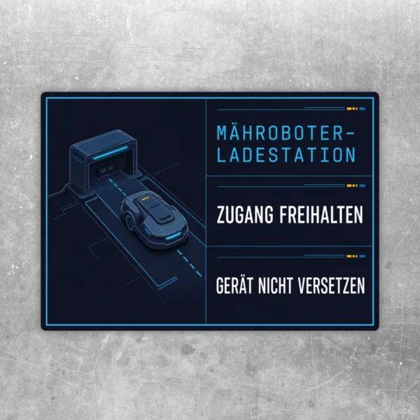 Querformatiger Mähroboter Ladestation Aufkleber mit Hinweis Zugang freihalten und Gerät nicht versetzen.
