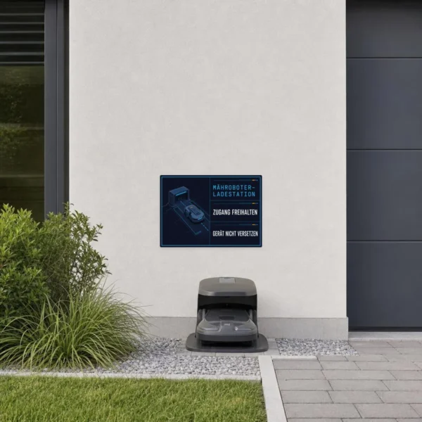 KI-generiertes Anwendungsbeispiel: Mähroboter Ladestation Aufkleber mit blau-schwarzem Technikmotiv im Querformat.