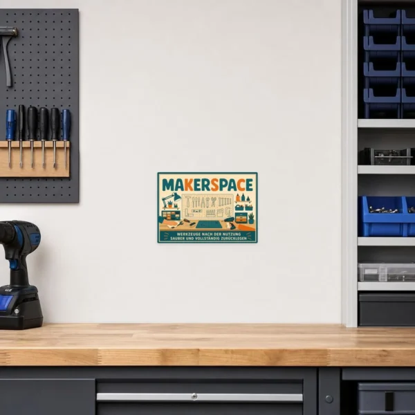 KI-generiertes Anwendungsbeispiel: Makerspace Aufkleber an Werkstattwand mit Hinweis zum Zurücklegen von Werkzeugen.