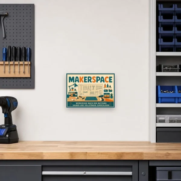 KI-generiertes Anwendungsbeispiel: Bedrucktes Makerspace-Schild mit Werkzeugmotiv und dem Hinweis, Werkzeuge sauber zurückzulegen.