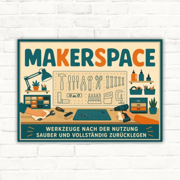 Makerspace Werkzeuge sauber zurücklegen Schild mit gut lesbarem Motiv und klarer Beschriftung als bedrucktes Schild aus Aluminium-Verbundplatte.