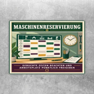 Maschinenreservierung Aufkleber mit Planungsboard, Uhr und Hinweis zu gebuchten Zeiten und Arbeitsplatzfreigabe.