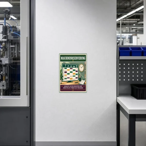 KI-generiertes Anwendungsbeispiel: Maschinenreservierung Aufkleber an Werkstattwand mit Planungsboard und Uhr.