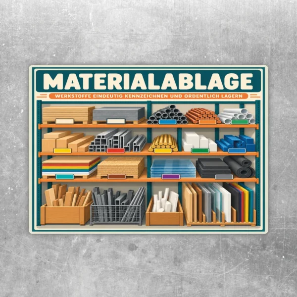 Materialablage Aufkleber im Querformat mit Regal voller Werkstoffe, türkisem Titel und orangefarbenen Akzenten.
