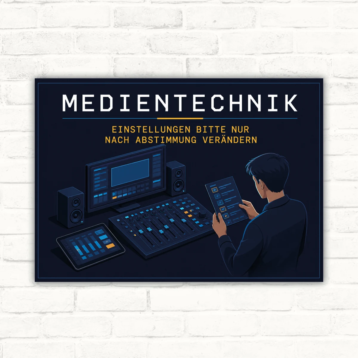 Hinweisschild Medientechnik mit Wortlaut „Einstellungen bitte nur nach Abstimmung verändern“ im Querformat.