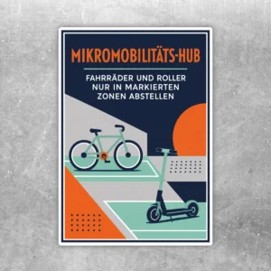 Mikromobilitäts-Hub Aufkleber mit Fahrrad, Roller und Hinweis auf markierte Abstellzonen in Blau, Orange und Mintgrün.