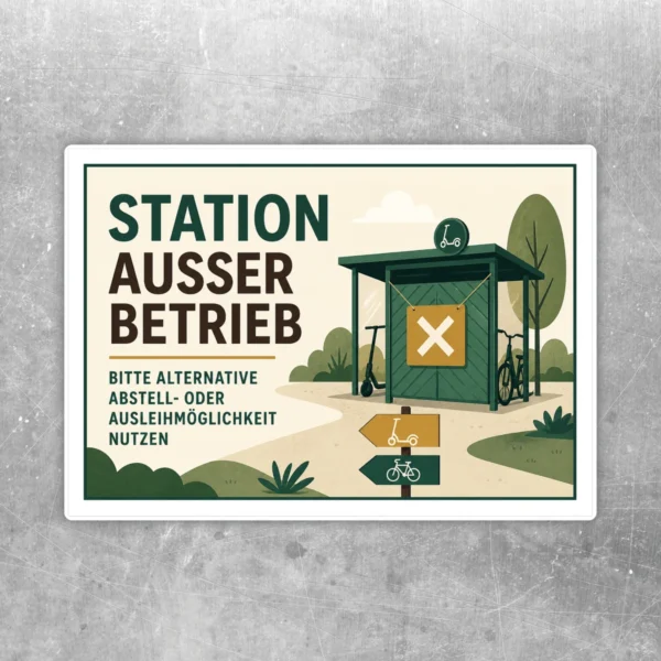 Querformatiger Station außer Betrieb Aufkleber mit Mikromobilitätsstation, Sperrkreuz und Hinweis auf alternative Nutzung.