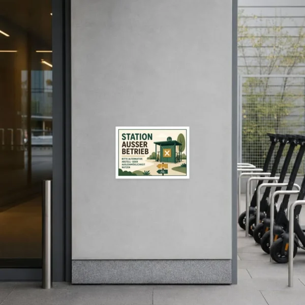 KI-generiertes Anwendungsbeispiel: Station außer Betrieb Aufkleber auf grauem Untergrund mit Illustration einer gesperrten Mobilitätsstation.