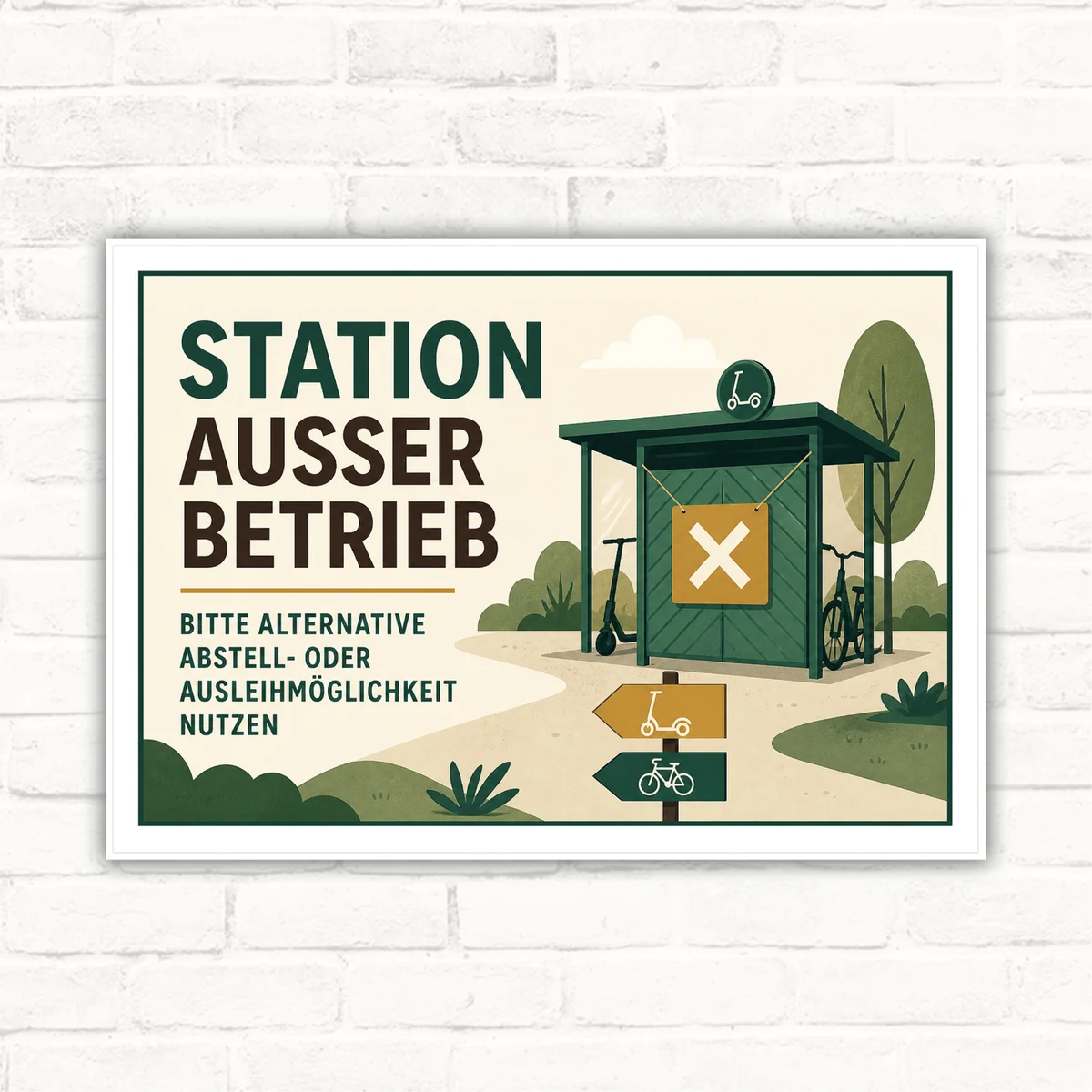 Querformat-Schild mit Text „Station ausser Betrieb“ und Hinweis auf alternative Abstell- oder Ausleihmöglichkeit.