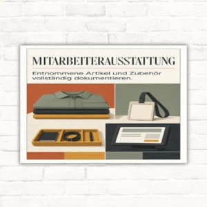 Mitarbeiterausstattung Schild – entnommene Artikel und Zubehör dokumentieren mit gut lesbarem Motiv und klarer Beschriftung als bedrucktes Schild aus Aluminium-Verbundplatte.