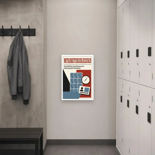 KI-generiertes Anwendungsbeispiel: Mitarbeiterschließfach Schild mit Hinweis zur Zuordnung und Nutzungszeit im Betrieb.