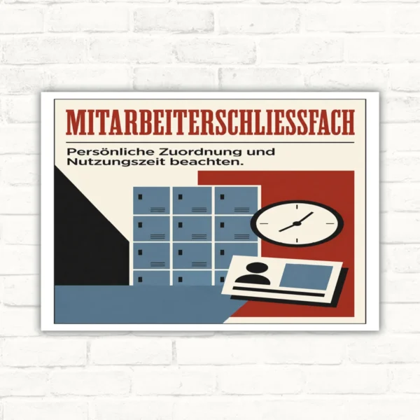 Mitarbeiterschließfach Schild mit Text „Persönliche Zuordnung und Nutzungszeit beachten“ sowie Spinden und Uhr.