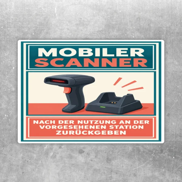 Aufkleber mit mobilem Scanner und Station, Hinweis zur Rückgabe nach der Nutzung in Türkis, Rot und Weiß.