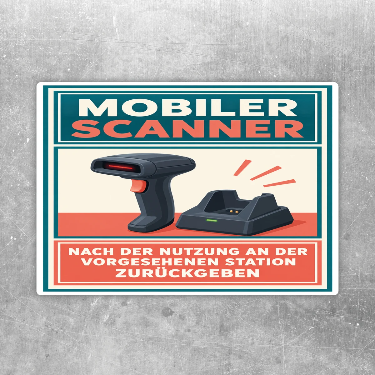Aufkleber mit mobilem Scanner und Station, Hinweis zur Rückgabe nach der Nutzung in Türkis, Rot und Weiß.