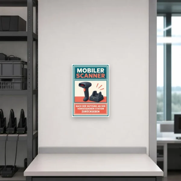 KI-generiertes Anwendungsbeispiel: Mobiler Scanner Schild mit Rückgabehinweis an vorgesehene Station für Lager und Betrieb.