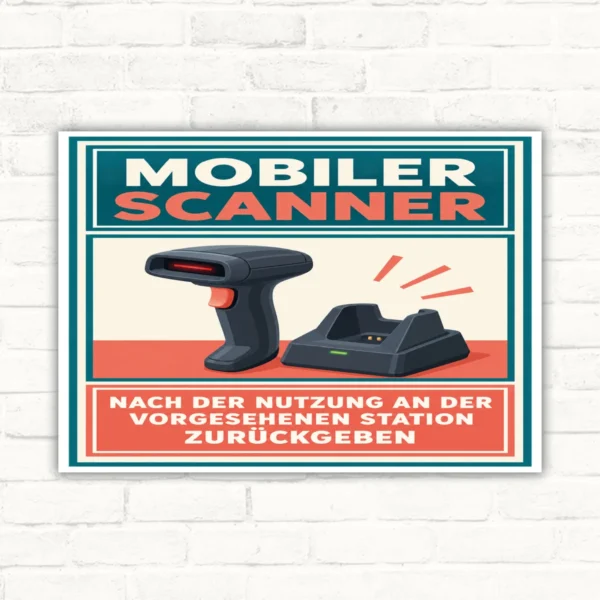 Mobiler Scanner Schild mit Text „nach der Nutzung an der vorgesehenen Station zurückgeben“ als betriebliches Hinweisschild.