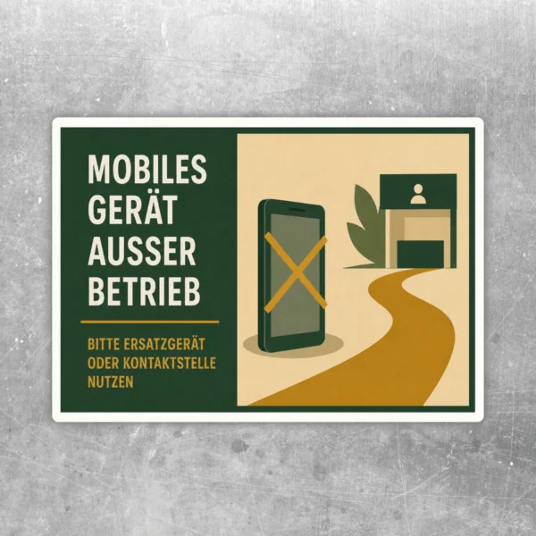 Aufkleber mobiles Gerät außer Betrieb mit Hinweis auf Ersatzgerät oder Kontaktstelle in Grün, Beige, Gelb und Weiß.