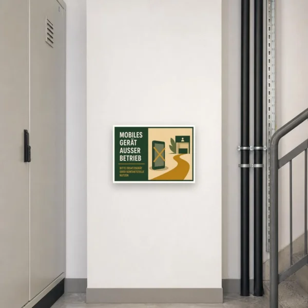 KI-generiertes Anwendungsbeispiel: Schild „Mobiles Gerät ausser Betrieb“ an Technikstation mit Ersatzgerät-Hinweis.