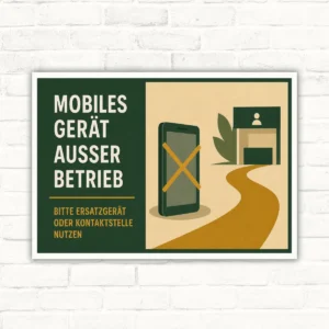 Hinweisschild mit Text „Mobiles Gerät ausser Betrieb“ und Hinweis „Bitte Ersatzgerät oder Kontaktstelle nutzen“.
