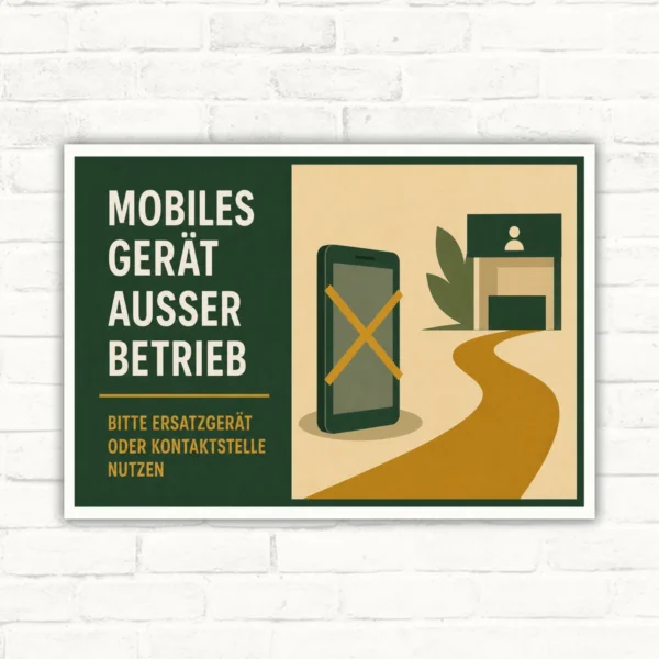Hinweisschild mit Text „Mobiles Gerät ausser Betrieb“ und Hinweis „Bitte Ersatzgerät oder Kontaktstelle nutzen“.
