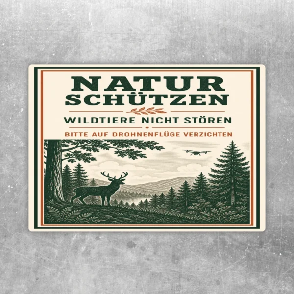 Aufkleber Natur schützen mit Hirsch im Wald, Drohne am Himmel und Hinweis Wildtiere nicht stören.