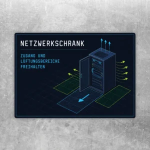 Aufkleber Netzwerkschrank Zugang und Lüftungsbereiche freihalten mit technischer Grafik in Blau und Grün.