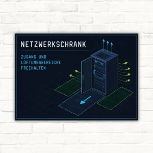 Netzwerkschrank Schild mit Text „Zugang und Lüftungsbereiche freihalten“ und technischer Schrankgrafik im Querformat.