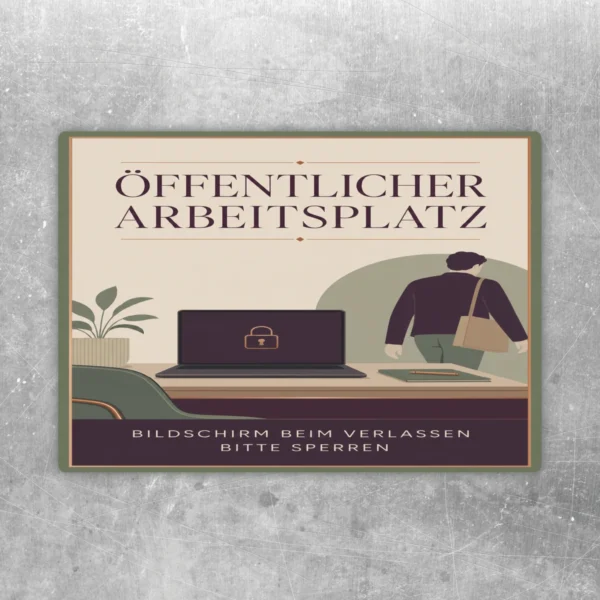 Aufkleber mit Büromotiv, Laptop und Schloss-Symbol: Öffentlicher Arbeitsplatz, Bildschirm beim Verlassen bitte sperren.