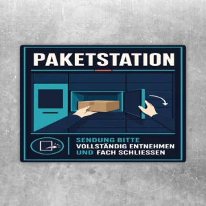 Paketstation Aufkleber mit Paketfach, entnommener Sendung und Hinweis, das Fach vollständig zu schließen.