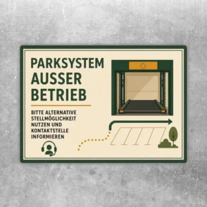 Parksystem außer Betrieb Aufkleber mit Hinweis auf alternative Stellmöglichkeit, Pfeil und Parkhaus-Grafik in Grün und Beige.