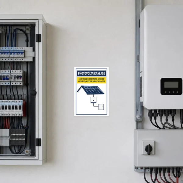 KI-generiertes Anwendungsbeispiel: Photovoltaikanlage Aufkleber mit Spannungshinweis am technischen Hauptschalterbereich.