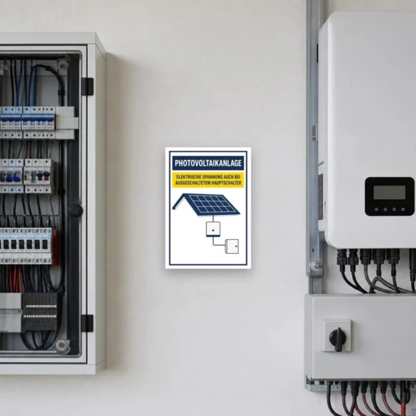 KI-generiertes Anwendungsbeispiel: PV-Warnschild „Elektrische Spannung auch bei ausgeschaltetem Hauptschalter“ an Wand.